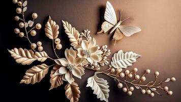 Luxury Top View 3d Wallpaper, Photography Jewellery, Flowers with Branches and Matellic Detailed Butterflies. Flat Metallic White Background, AI-Generative, Digital Illustrations. photo