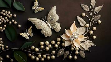 Luxury Top View 3d Wallpaper, Photography Jewellery, Flowers with Branches and Matellic Detailed Butterflies. Flat Metallic White Background, AI-Generative, Digital Illustrations. photo