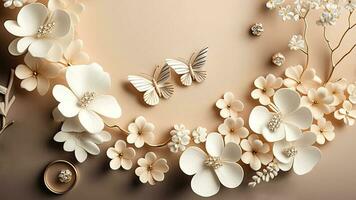 Luxury Top View 3d Wallpaper, Photography Jewellery, Flowers with Branches and Matellic Detailed Butterflies. Flat Metallic White Background, AI-Generative, Digital Illustrations. photo