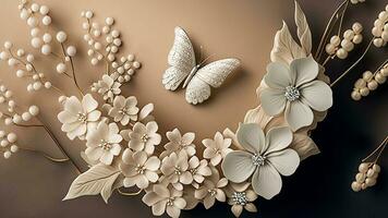 Luxury Top View 3d Wallpaper, Photography Jewellery, Flowers with Branches and Matellic Detailed Butterflies. Flat Metallic White Background, AI-Generative, Digital Illustrations. photo