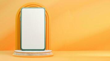 3D Render of Blank Smartphone Screen Mockup On Podium And Copy Space Against Pale Orange Background. photo