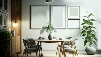 comida habitación interior Bosquejo con de madera mesa, sillas, planta ollas y imagen marcador de posición marcos colgando en pared. 3d representación. foto