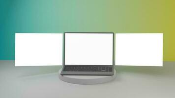 Realistic Laptop On Pedestal With Blank Screens Mockup Against Gradient Background. 3D Rendering. photo