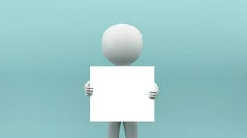 3D Render Of Human Presenter Holding Empty White Paper Against Pastel Turquoise Background. photo