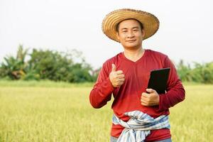 Handsome Asian farmer is at paddy field, holds smart tablet to inspect rice plants ,do research about growth, diseases, insects at paddy field. Concept , Smart farmer. Use technology  in agriculture. photo