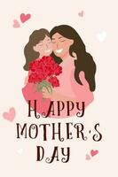 Mom and daughter, calligraphic text, carnation flowers. Mothers Day.  Hand drawn vector illustration.