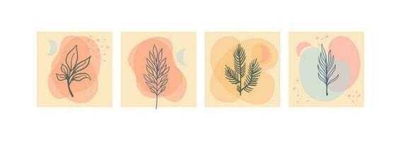 Set of abstract foliage wall art. Leaves, organic shapes, leaf branch, tree in vector line art style.  Decoration collection design for interior, poster, cover, banner.