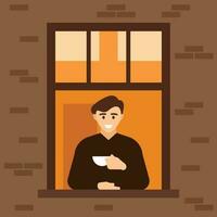Man With A Cup Of Coffee, Isolated Background. vector