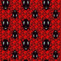 seamless pattern of a scarab beetles, vector insect in shiny black color isolated on a red vibrant color floral background