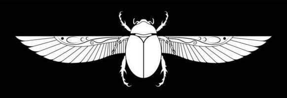 egyptian sacred Scarab wall art design. beetle with wings. Vector illustration white logo, personifying the god Khepri. Symbol of the ancient Egyptians. To be colored isolated on black background
