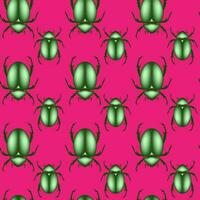 seamless pattern of a scarab beetles, vector insect in shiny green color isolated on a pink vibrant color background