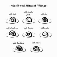 Mochi with different fillings inside. With kiwi, with orange, with strawberries, with figs, with banana. Vector black and white illustration.