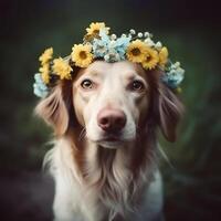 Dog with flower wreath on head. Realistic portrait. Generative AI photo