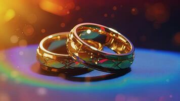 dos oro Boda anillos con arco iris ligero brillante antecedentes. generativo ai todavía vida foto