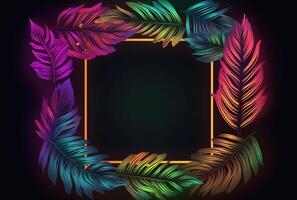 Gold frame surrounded by neon tropical leaves, mockup for product presentation. photo