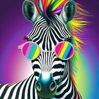 Cool colorful neon party zebra in sunglasses. . Not based on any actual scene photo