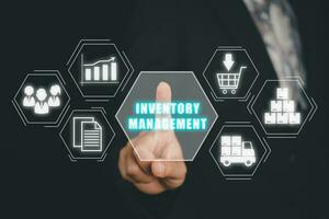 Inventory management concept, Business woman hand touching inventory management icon on virtual screen. photo