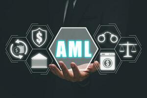 AML, Anti Money Laundering Financial Bank Business Concept, Person hand holding AML anti money laundering icon on vr screen. photo