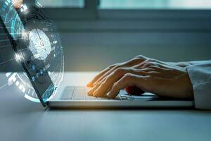 Close up of doctor hands typing on laptop keyboard with brain illustration interface. photo