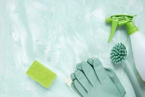 Dishwashing brush, gloves, sponge and spray bottle photo