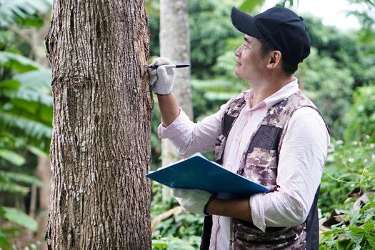 Asian male botanist is inspecting and recording about trunk of  tree information on paper clipboard. Concept , Survey ,research botanical plants. Forest and environment conservation. photo