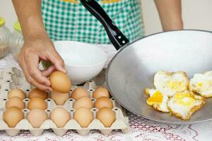 Closeup hand hold egg for cooking fried eggs menu. Concept, love cooking. Fast and easy eggs menu. Food ingredient. Recipe. Kitchen lifestyle. Asian food, High protein nutrition photo