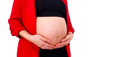 Close Up pregnant woman in red suit holds hands on swollen belly isolated on transparent background. Pregnancy 7-9 months, motherhood, love, new life, expectation, care baby. png transparency.