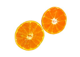 Two half piece slice of fresh orange isolated on transparent background with clipping path. Freshness fruit. Tropical, Summer and healthy food. png with transparency