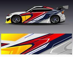 vector de diseño de envoltura de coche. Diseños de kits de fondo de carreras de franjas abstractas gráficas para envolver vehículos carrera de autos rally aventura y librea