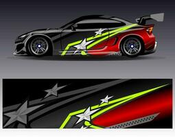 vector de diseño de envoltura de coche. Diseños de kits de fondo de carreras de franjas abstractas gráficas para envolver vehículos carrera de autos rally aventura y librea