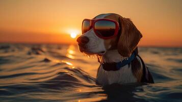 Hot summer 2023. Beagle wearing sunglasses swimming in the sea. Holidays 2023. Generative AI. photo