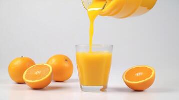 A glass of orange juice is poured into a glass. Ai Generated. photo
