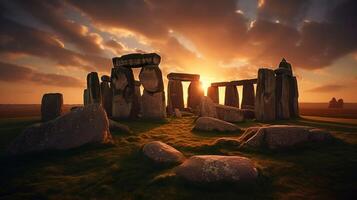Stonehenge at sunset. Ancient ruins. Stonehenge in England. Ai Generated. photo
