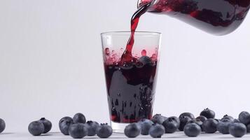 A glass of blueberry juice is poured into a glass. . photo