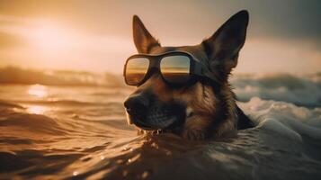 Hot summer 2023. German shepherd wearing sunglasses swimming in the sea. Holidays 2023. Generative AI. photo