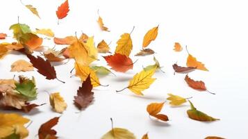 que cae otoño hojas en blanco antecedentes. ai generado. foto