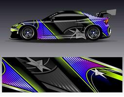 vector de diseño de envoltura de coche. Diseños de kits de fondo de carreras de franjas abstractas gráficas para envolver vehículos carrera de autos rally aventura y librea