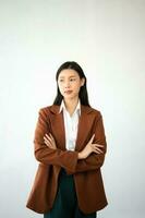 Portrait photo of young beautiful Asian woman feeling happy and holding smart phone, tablet and laptop with black empty screen on white background product presenting concept.