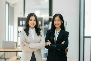 Portrait of success business people working together in home office. Couple teamwork startup concept photo