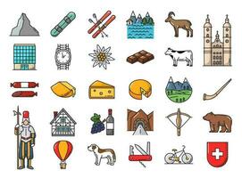 Swiss history, food and landmark line icons vector