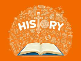 History textbook, outline science school symbols vector