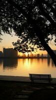 The beautiful sunset view with the buildings' silhouette and orange color sky mirrored in the peaceful lake in the city photo