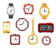 Isolated pixel hourglass, watch and alarm clock vector