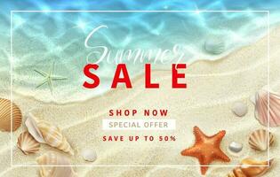 Summer sale banner, realistic seashell, starfish vector
