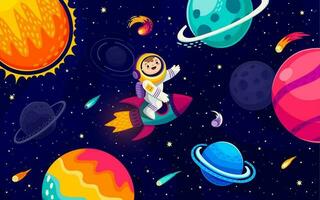 Cartoon astronaut on rocket in starry galaxy vector