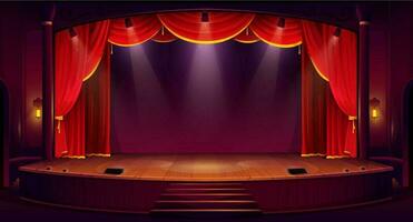 Cartoon theater stage with red curtain, spotlights vector