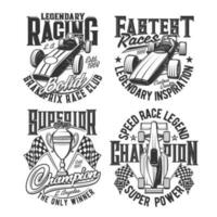 Tshirt prints with bolide car vector emblems set