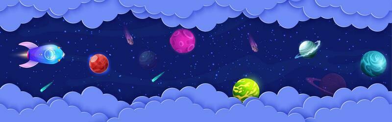 Space paper cut flying rocket, planets, asteroids