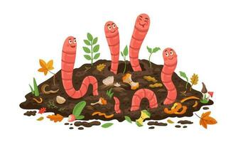 Cartoon compost worms in soil, organic bio wastes vector