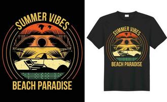 Summer vibes beach paradise typography vector t-shirt design. Perfect for print items and bags, mug, template, sticker, banner. Handwritten vector illustration. Isolated on black background.